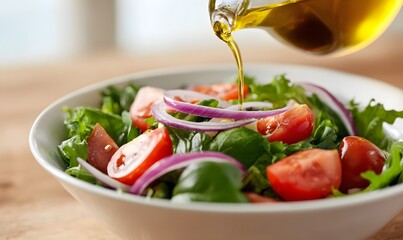 Fresh salad with vibrant greens, juicy tomatoes, and sliced onions, being drizzled with olive oil, Generative AI