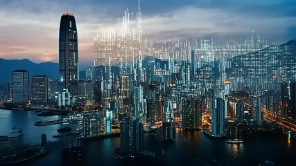 Urban skyline at dusk with illuminated buildings and digital overlay showcasing city life and technology - Powered by Adobe
