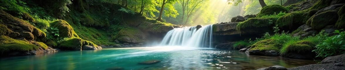 Obraz premium Serene Waterfall Cascading Over Mossy Rocks in Lush Sunlight Tranquil Nature Scene