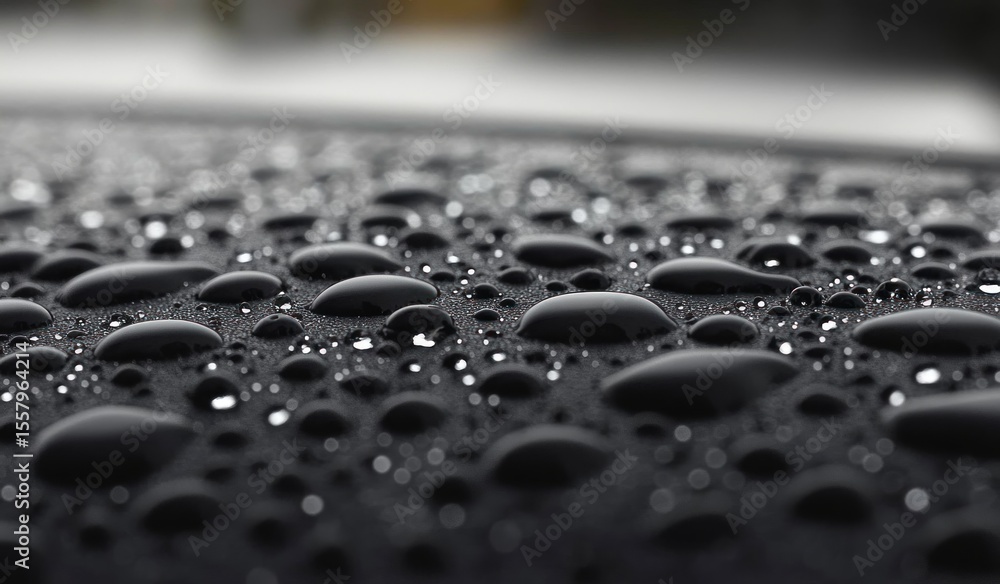 Poster close-up view of numerous water droplets of varying sizes on a smooth dark surface reflecting light