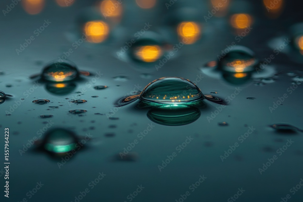 Poster close-up of water droplets on a reflective surface with warm golden light reflections creating a ser