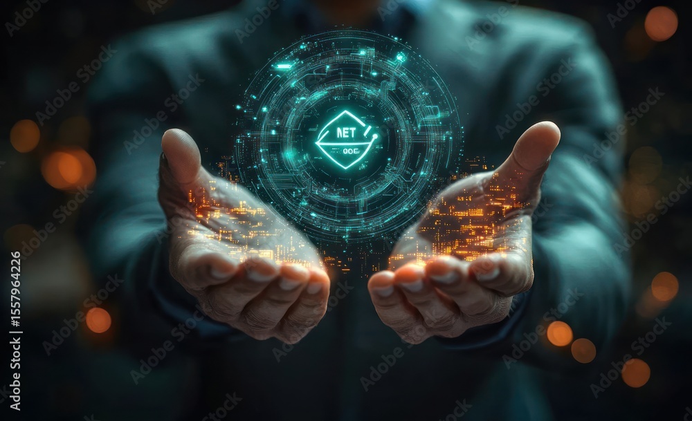 Poster close-up of a person in a suit holding out both hands with glowing futuristic digital interface and 