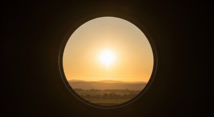 Looking Through an Oval Window at a Beautiful Sunrise Over Rolling Hills and Fields