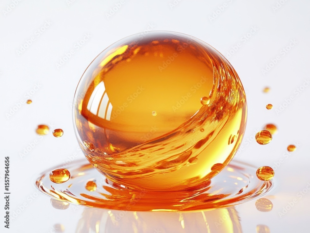 Poster transparent amber liquid sphere splashing with dynamic droplets on white reflective surface conveyin