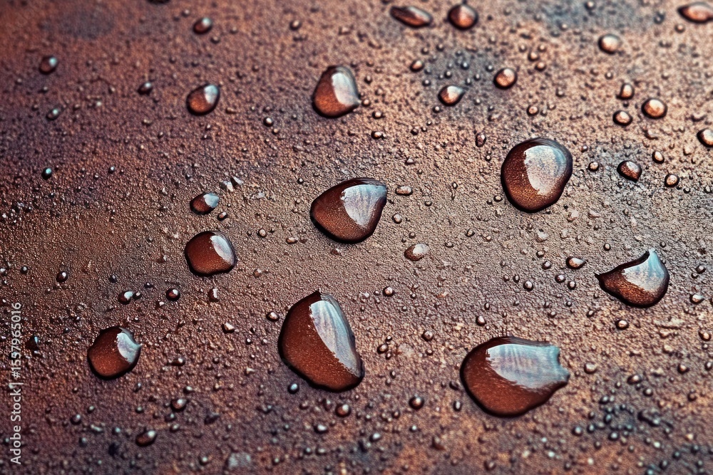 Poster close-up of water droplets scattered on a textured rusty brown surface with reflective highlights cr