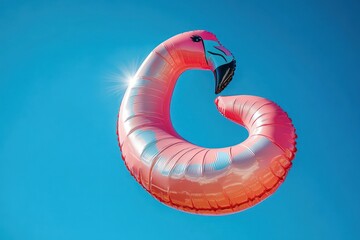 Fototapeta premium Shiny pink flamingo-shaped foil balloon floating against a clear bright blue sky with sunlight reflection