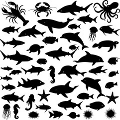 Fototapeta premium Collection of sea ​​creatures silhouette. Collection of fish vector silhouette. EPS 10 version.