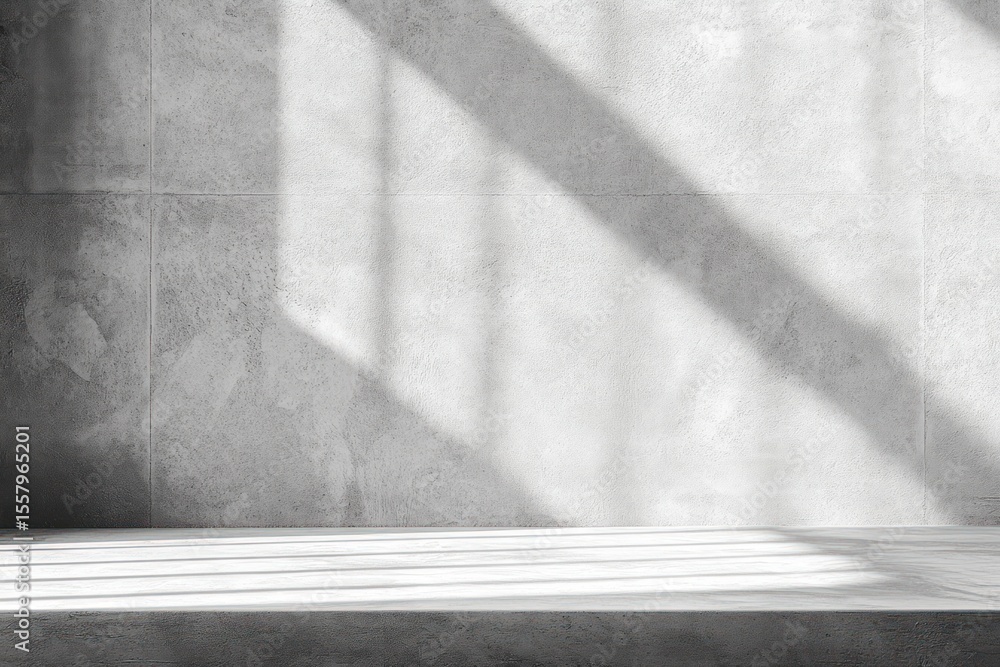 Poster empty minimalist concrete room with sunlight casting long shadows on textured walls and floor creati