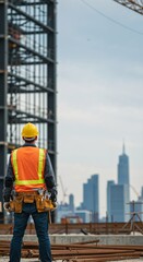 Construction Worker Observing Skyline in Urban Setting Under Gray Sky