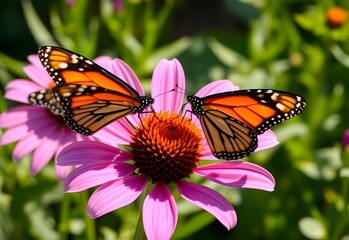 A beautiful monarch butterfly with orange and black wings sips nectar from a purple flower in a summer garden