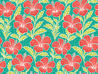 Woodcut Hibiscus Seamless Pattern, suitable for fashion design, decoration, fabric, wallpaper and printing on turquoise background