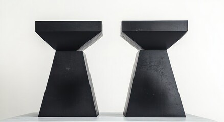Two identical black geometric pedestal stools with trapezoidal bases and flat square tops placed side by side on a light surface against a white background