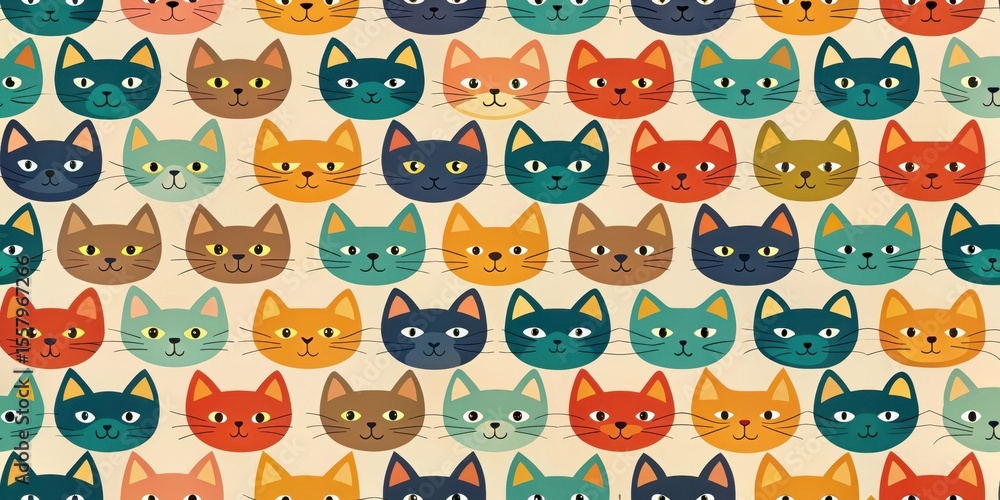 Wall mural a delightful repeating pattern featuring a multitude of colorful feline faces, ideal for textile des