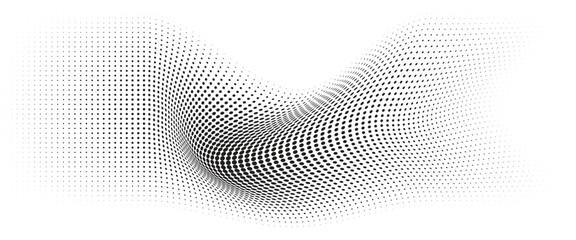 Flowing Wave Dot Halftone Pattern: Curve Gradient Shape on Transparent Background. Suitable for AI, Tech, Network, Digital, Science, and Technology Themes.