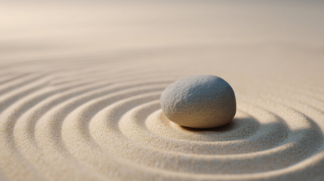 Single gray pebble on smooth sand with concentric raked lines in Japanese Zen garden style representing mental clarity and inner peace.