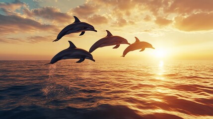 Spectacular Sunset Scene with Playful Dolphins Leaping over Ocean's Waves