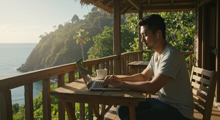 Man working on laptop on wooden balcony with ocean and lush greenery in the background during daytime