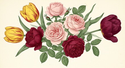 Vintage floral arrangement of roses and tulips