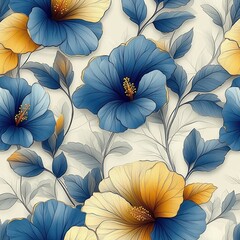 seamless pattern with large hibiscus flowers and leaves in shades of blue, yellow, and cream on a light background