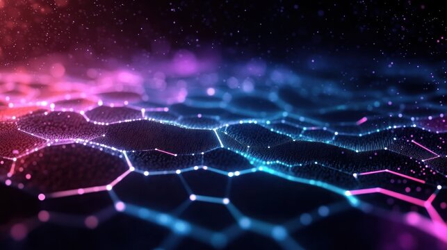 Abstract digital landscape with glowing hexagonal grid patterns in vibrant blue, purple, and pink hues creating a futuristic and dynamic atmosphere