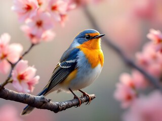 Songbird on flowering tree branch singing in spring. Great for nature, birdwatching, and calm visuals