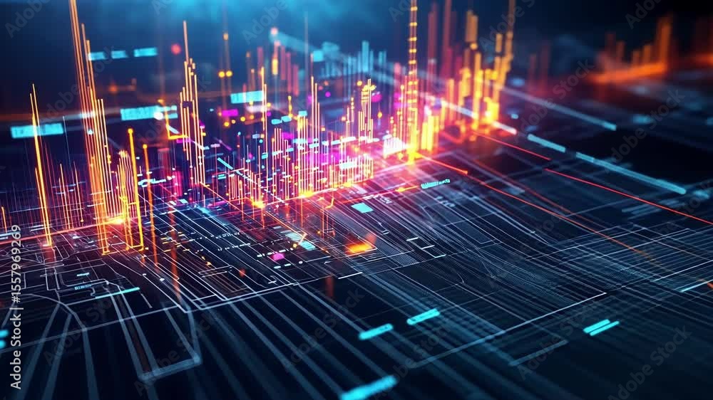 Poster complex electronic circuit board pulsating with vibrant lights, symbolizing technological advancemen