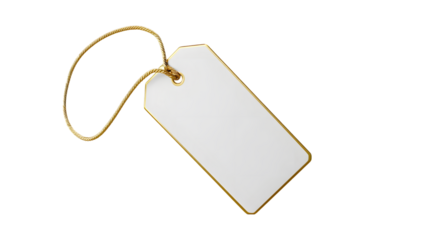 Blank white tag with a gold border hangs from a gold string against a dark backdrop providing space for custom messaging, silhouette, transparent background