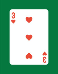 Three of hearts playing card design. Vector illustration