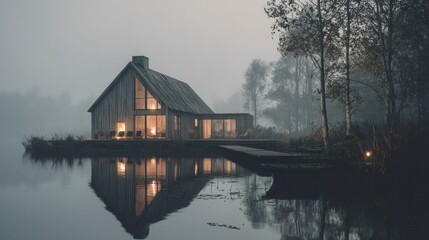 Fototapeta premium Modern house lakeside foggy dusk