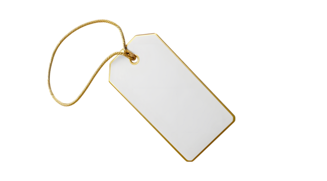 Blank white tag with a gold border hangs from a gold string against a dark backdrop providing space for custom messaging, silhouette, transparent background