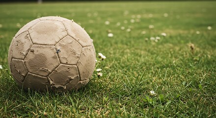Fototapeta premium Dirty soccer ball on grass