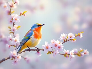 Songbird on flowering tree branch singing in spring. Great for nature, birdwatching, and calm visuals