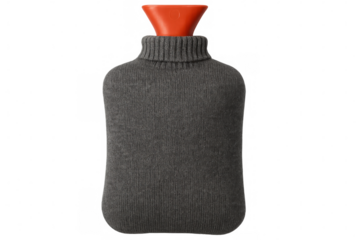 Warming gray-knitted hot water bottle with bright orange stopper, offering cozy comfort for cold nights