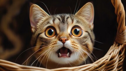 Close-up of a surprised tabby cat with wide eyes and open mouth peering out from inside a woven basket against a dark background