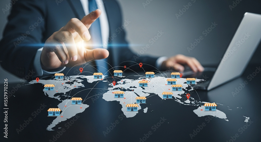 Poster businessman interacting with global franchise network on world map using laptop technology