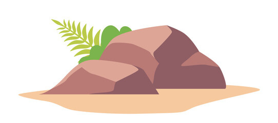 Brown rocks with green leaves on sand. Vector illustration