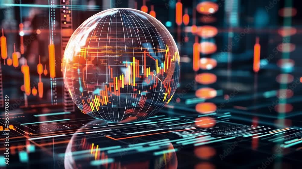 Poster projecting complex financial data streams and stock market charts onto a rotating globe, illustratin