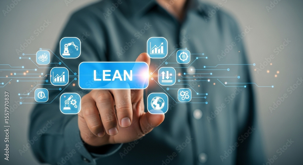 Fototapete A man touching a blue lean button surrounded by icons representing efficiency and optimization concepts