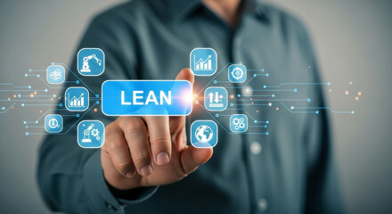 A man touching a blue lean button surrounded by icons representing efficiency and optimization concepts