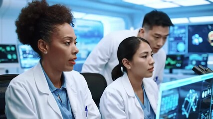 Three diverse scientists in a high-tech lab analyze data on a monitor - Powered by Adobe