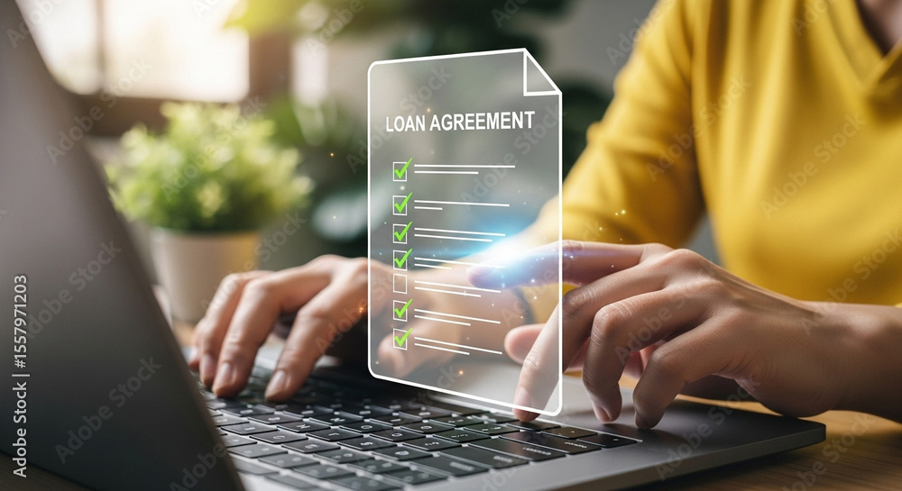 Poster person typing on a laptop with a loan agreement document overlayed on the screen interface view