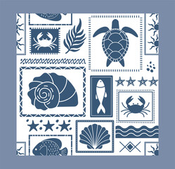 Nautical marine icons in patchwork style. Vector illustration