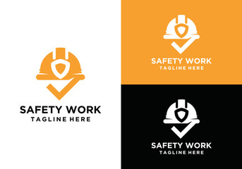 safety work construction work safety vector logo. construction worker protection logo with check mark and worker helmet