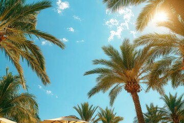 Fototapeta premium Tall palm trees against a bright blue sky with scattered clouds and warm sunlight filtering through the leaves