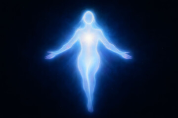 Ethereal Luminescent Female Form Radiating Blue Energy in Deep Cosmic Darkness