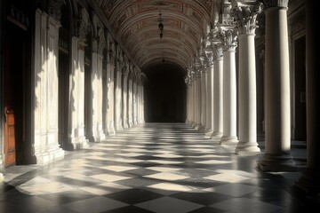 Long classical corridor with ornate columns and arches casting deep shadows on checkered floor under a decorated ceiling, evoking a sense of quiet grandeur