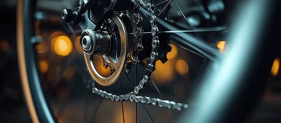 Fototapeta premium Close-up view of a bicycle gear and chain with illuminated blurred background creating a warm and dynamic atmosphere