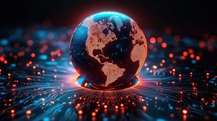 Obraz premium Digital globe representing Earth with illuminated continents surrounded by glowing circuitry and data points, symbolizing global technology and connectivity