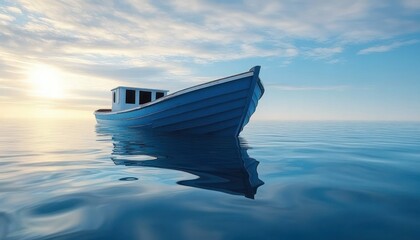 Calm blue fishing boat floating peacefully on smooth reflective water under soft cloudy sky at sunrise or sunset