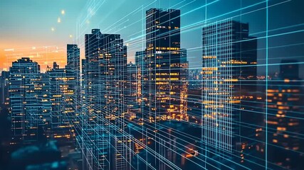 Futuristic city skyline at dusk with glowing lights and digital overlay, showcasing urban technology - Powered by Adobe